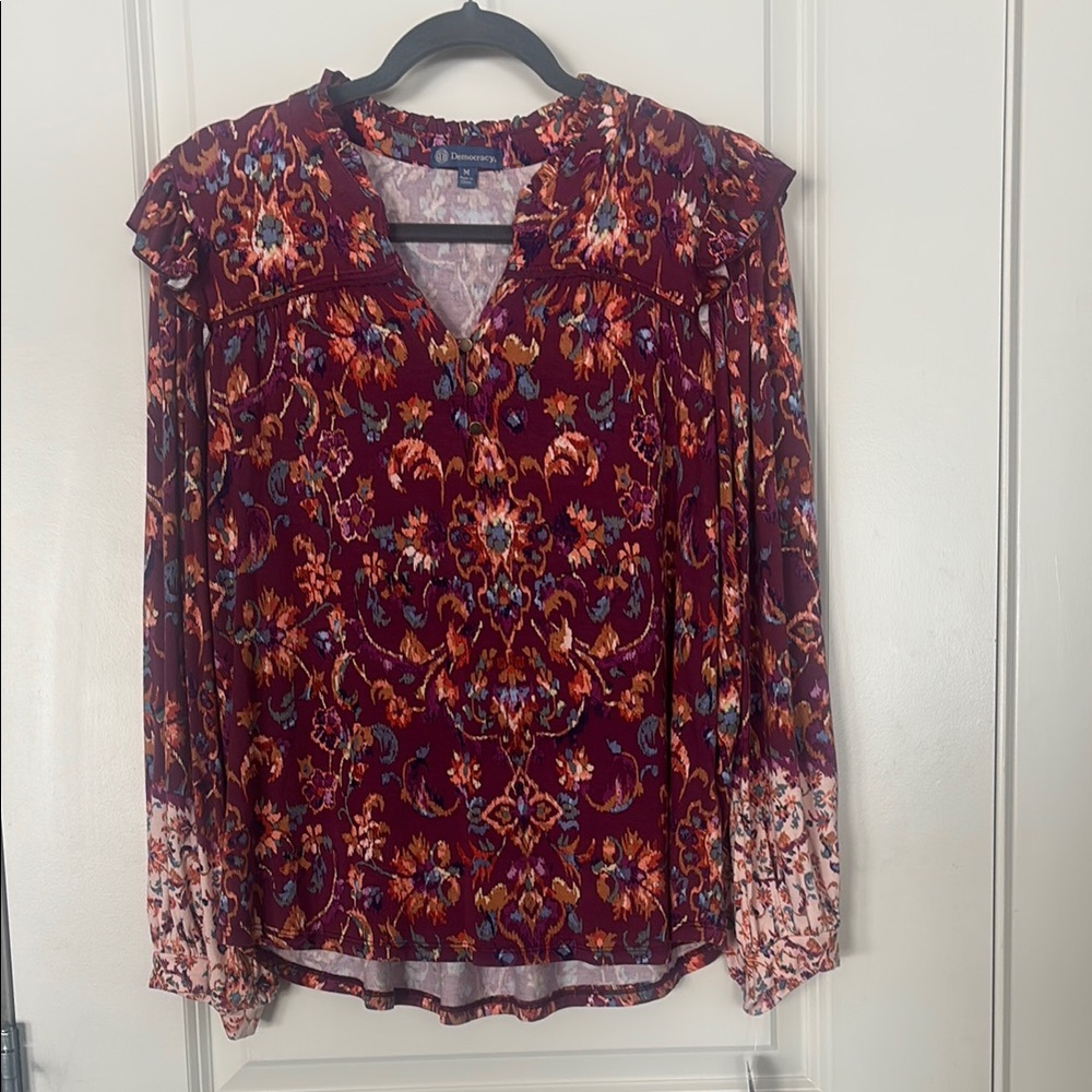 Democracy Burgundy Floral V-Neck Long Sleeve Blouse
